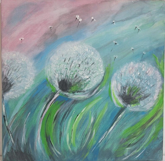 Gemälde Pusteblume Abstrakt NEU Türkis Rosa Maigrün 40x40 cm