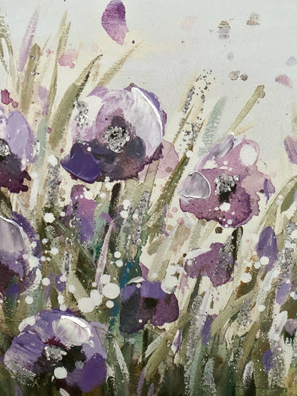 Gilde chices Gemälde „Lila Mohnfeld am Strand“ NEU Blau Lila Grün 60x60cm