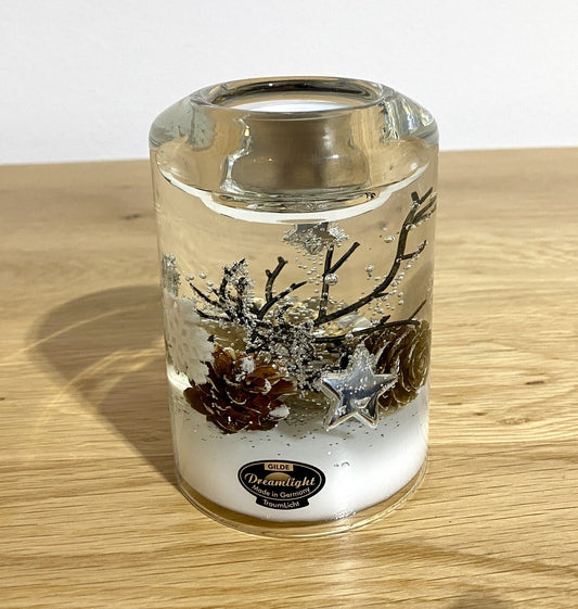 Gilde Dreamlight Glas Teelichthalter „Winter Story“NEU Silber Braun Weiß  10,5cm