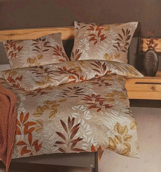 Janine Mako-Satin Bettwäsche Milano NEU Blätter Beige Rost Senf Natur 155x220cm