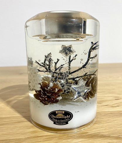 Gilde Dreamlight Glas Teelichthalter „Winter Story“NEU Silber Braun Weiß  10,5cm