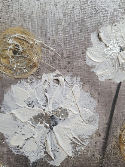 Gilde Gemälde Pusteblume mit Sisalapplikation Grau Weiß  Gelb  60x30 cm