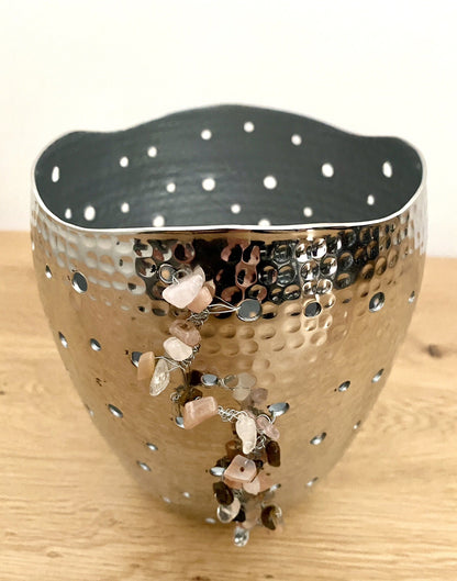 Raumstil Design Windlicht NEU Vernickelt Gehämmert Natursteinsplitter 15cm Hoch