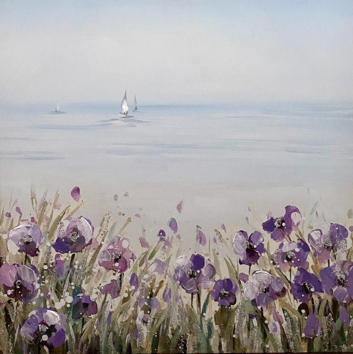 Gilde chices Gemälde „Lila Mohnfeld am Strand“ NEU Blau Lila Grün 60x60cm