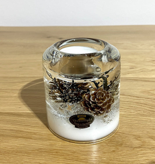 Gilde Dreamlight Glas Teelichthalter „Winter Story“NEU Silber Braun Weiß  8 cm