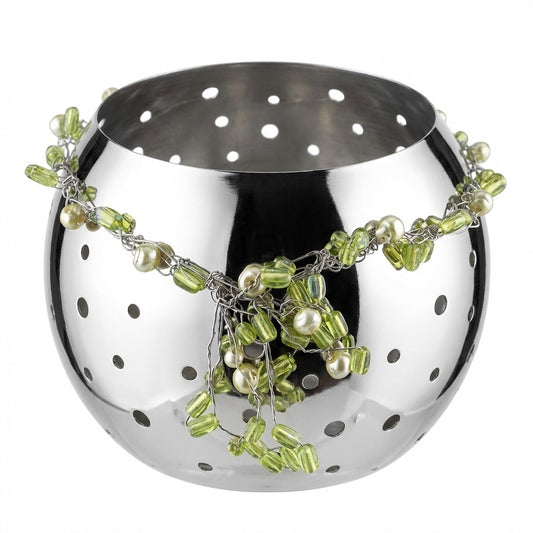 Raumstil Edelstahl Windlicht NEU mit Perlenapplikation Silber 10cm Hoch