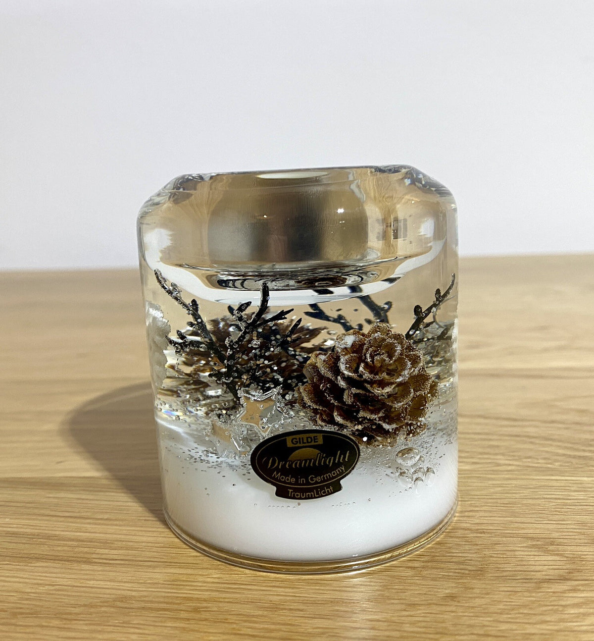Gilde Dreamlight Glas Teelichthalter „Winter Story“NEU Silber Braun Weiß  8 cm