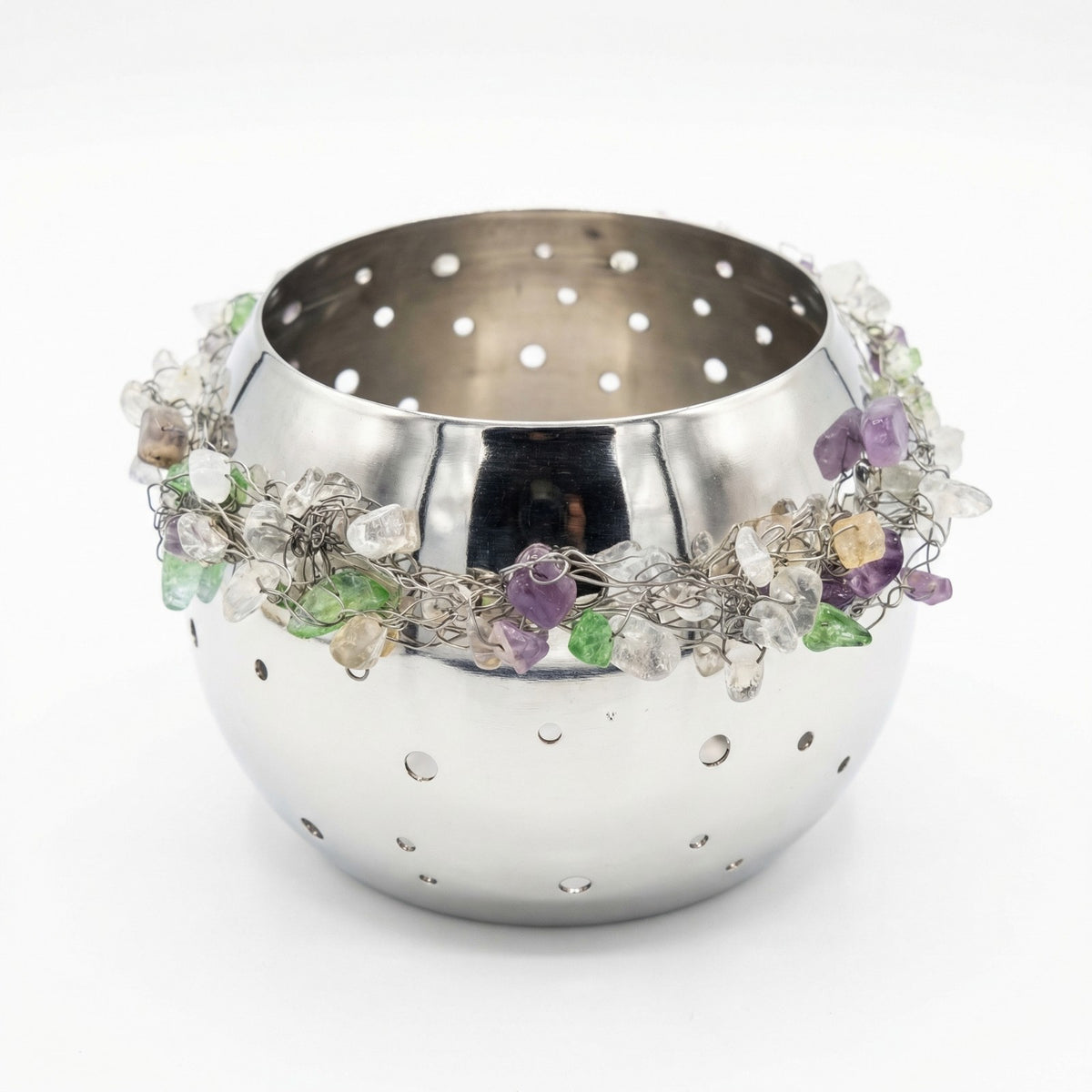 Raumstil Edelstahl Windlicht NEU mit Natursplitterapplikation Silber 10cm Hoch