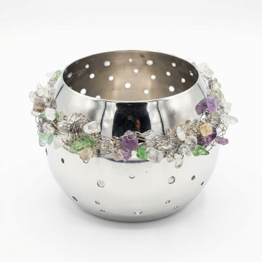 Raumstil Edelstahl Windlicht NEU mit Natursplitterapplikation Silber 10cm Hoch