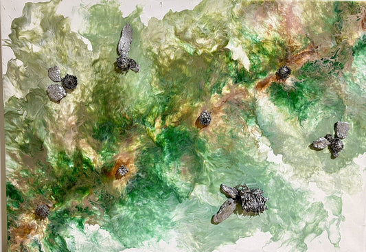 Raumstil Design Acryl Gemälde NEU mit Naturapplikation Weiß Grün Rost 70x50cm