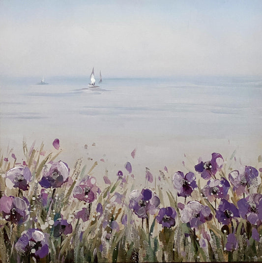 Gilde chices Gemälde „Lila Mohnfeld am Strand“ NEU Blau Lila Grün 60x60cm