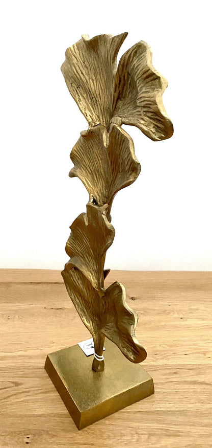 Gilde moderne Aluminium Skulptur GINKGO NEU Gold auf Sockel 50 cm Hoch