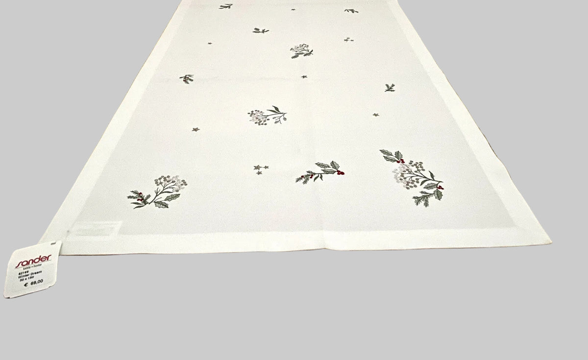 Sander bestickter Weihnachts-Läufer WINTER DREAM Zweige Ecru Grün Gold 50x150cm