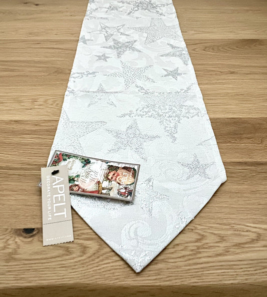 Apelt Jaquard Weihnachts-Tischband Sterne Ornamente Weiß Silber  21x175cm