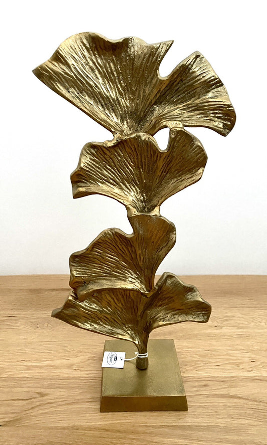 Gilde moderne Aluminium Skulptur GINKGO NEU Gold auf Sockel 50 cm Hoch