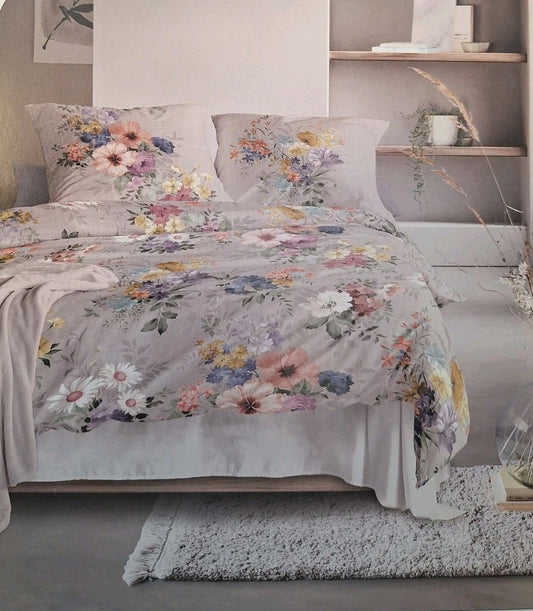 Irisette Mako-Satin Bettwäsche NEU Blumen Grau Grün Rose 135x200 cm