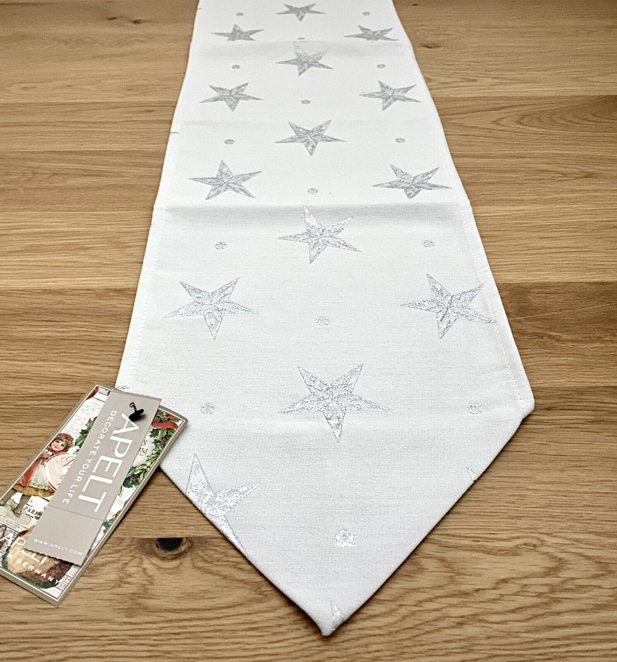 Apelt Jaquard Weihnachts-Tischband Sterne Weiß Silber  24x175 cm