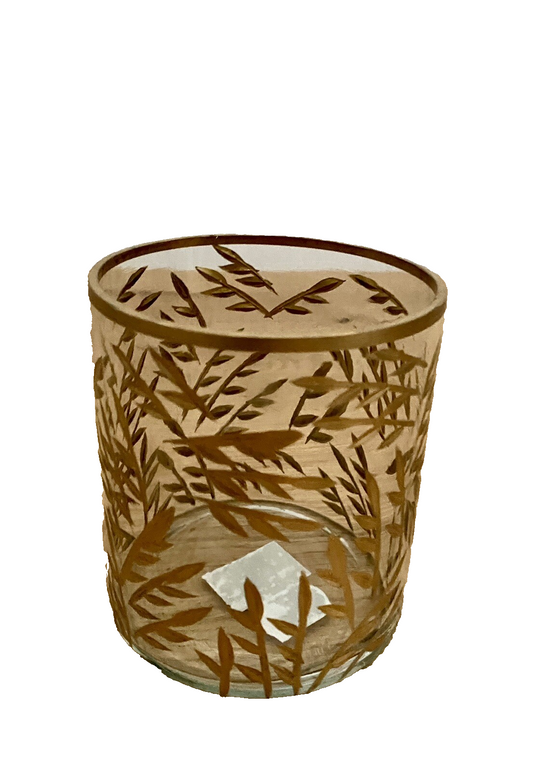 Am Design edeles Teelichtglas geschliffen NEU Blattmotiv Klar Gold 10,5 cm Hoch