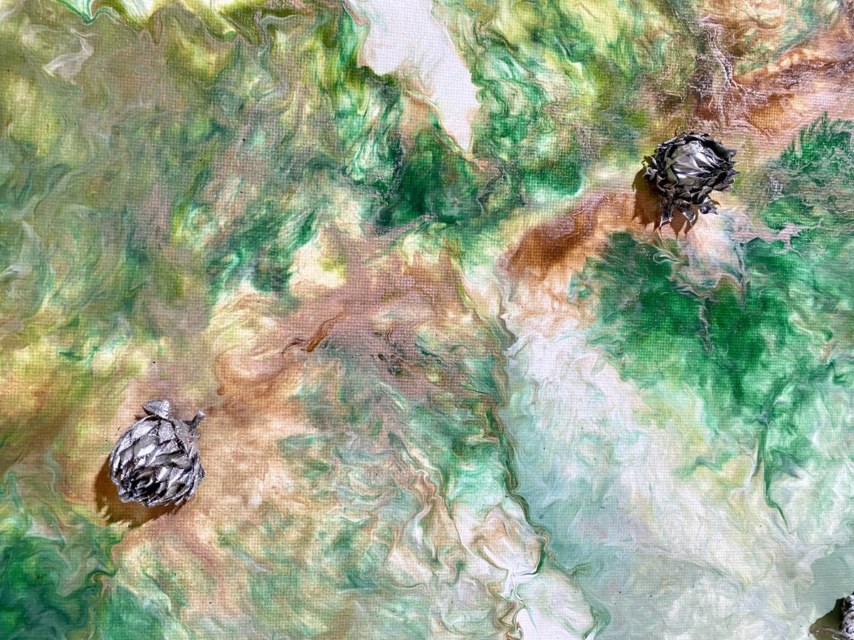 Raumstil Design Acryl Gemälde NEU mit Naturapplikation Weiß Grün Rost 70x50cm