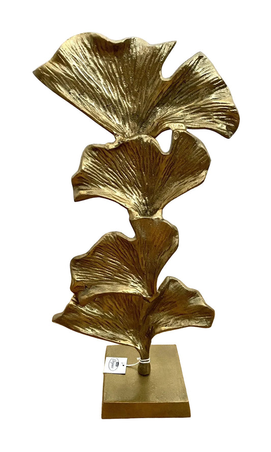 Gilde moderne Aluminium Skulptur GINKGO NEU Gold auf Sockel 50 cm Hoch
