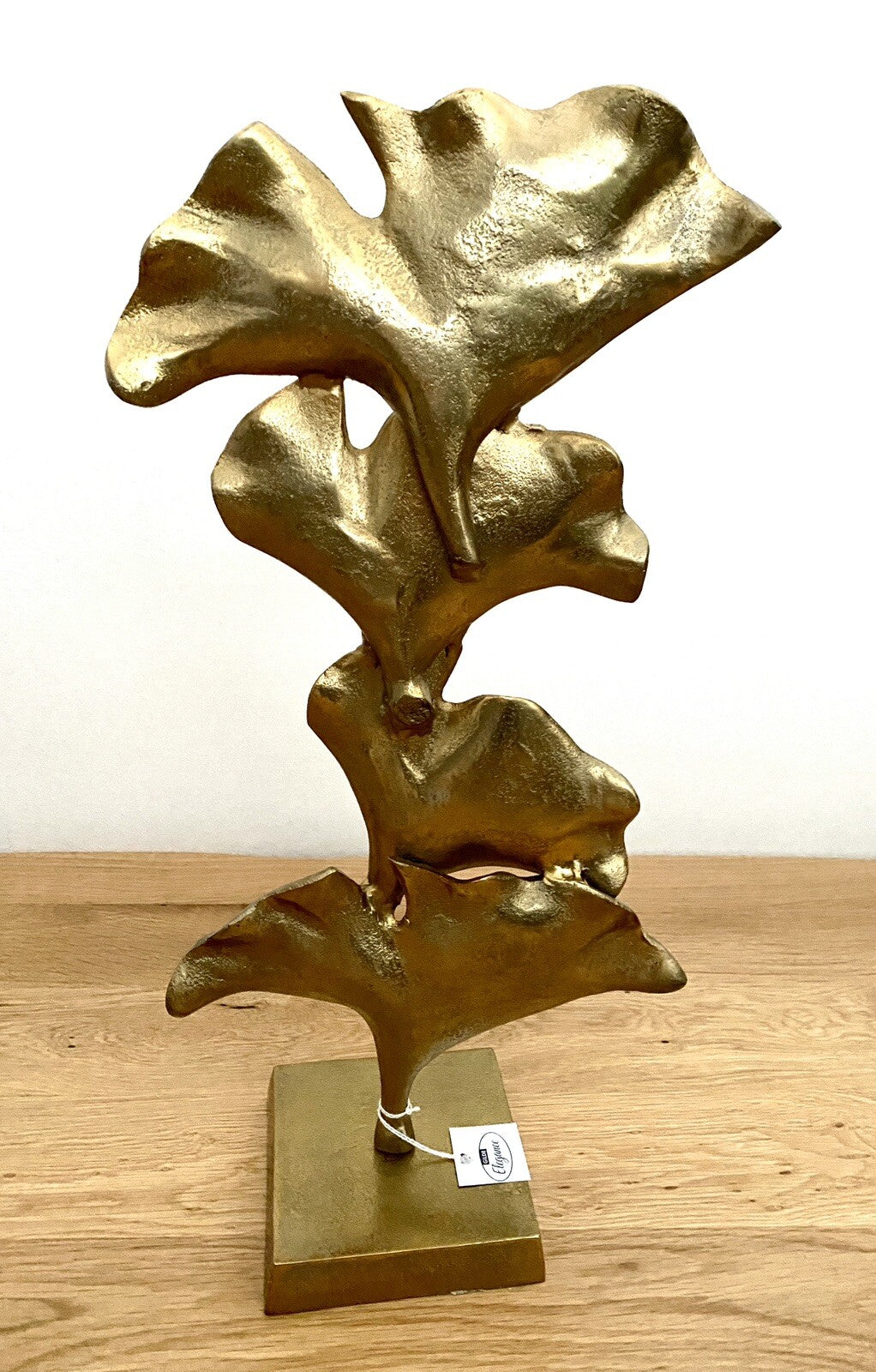Gilde moderne Aluminium Skulptur GINKGO NEU Gold auf Sockel 50 cm Hoch