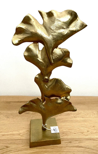 Gilde moderne Aluminium Skulptur GINKGO NEU Gold auf Sockel 50 cm Hoch