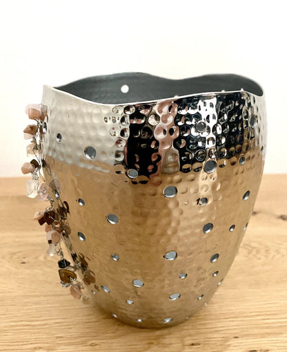 Raumstil Design Windlicht NEU Vernickelt Gehämmert Natursteinsplitter 15cm Hoch