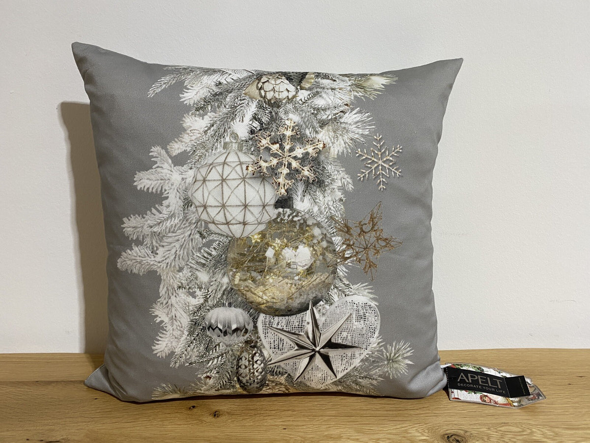 Apelt Weihnachts- Kissenhülle Kugeln Zapfen Grau Weiß Gold 49x49cm
