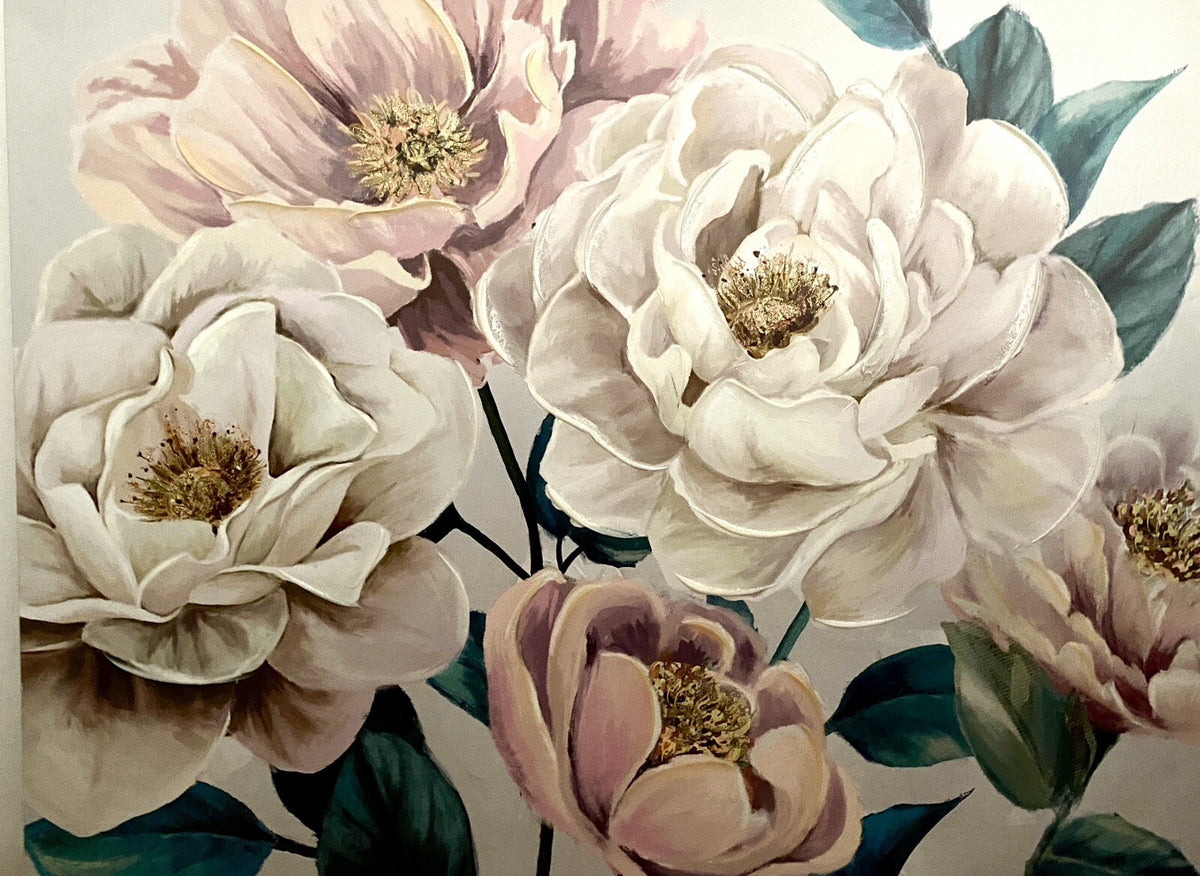 Gilde chices Gemälde „Pfingstrose“ NEU Rose Weiß Creme Grün Gold 76x100cm
