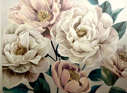 Gilde chices Gemälde „Pfingstrose“ NEU Rose Weiß Creme Grün Gold 76x100cm