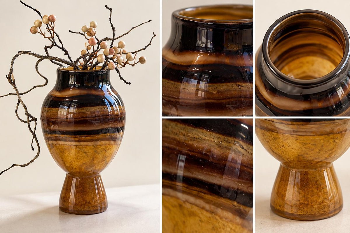 Keramikvase in Bernstein, Rose & Braun marmoriertes Design 28 cm hoch mit Dekozweigen