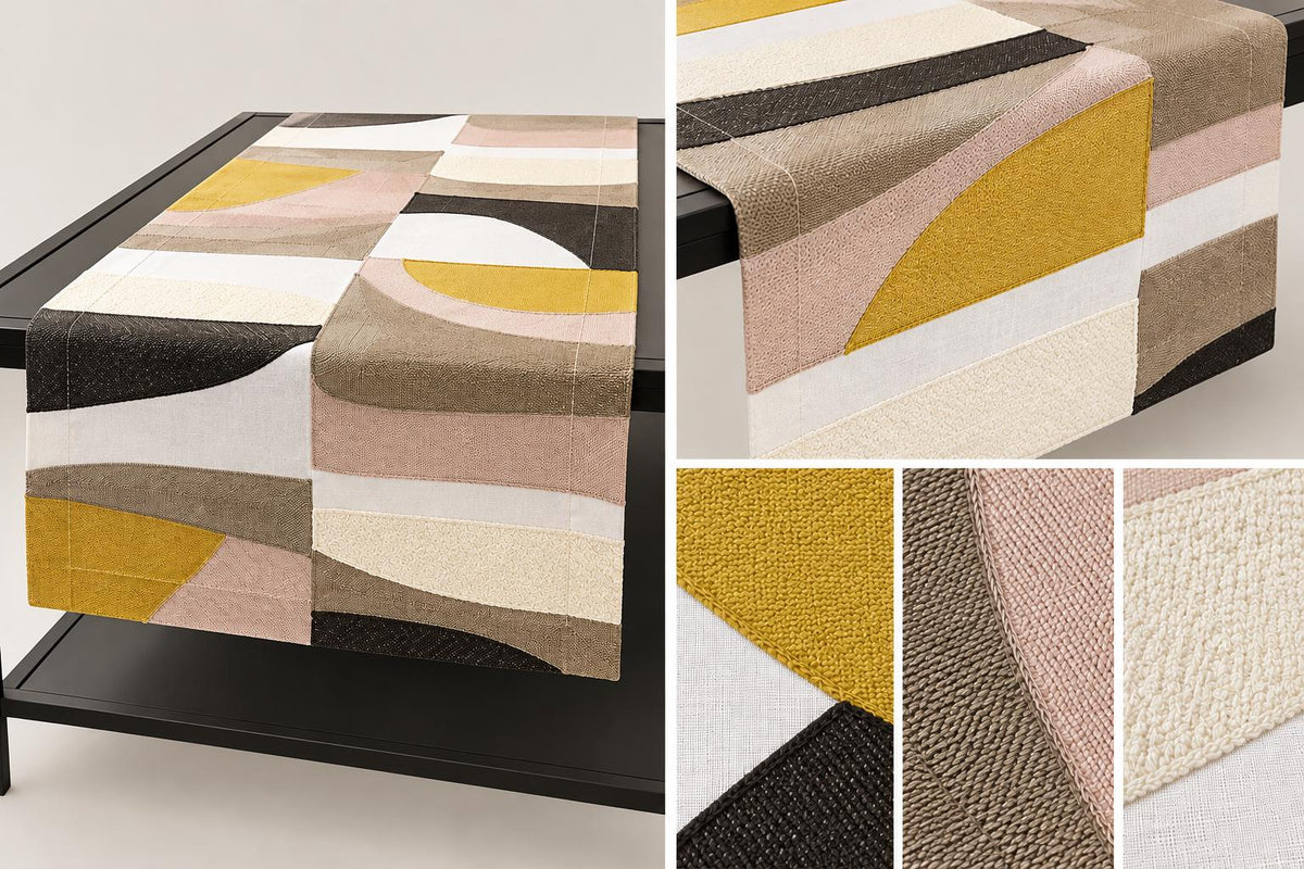 Raumstil Tischläufer mit hochwertiger Stickerei - Taupe, Braun, Rose & Senf 41 x 89 cm