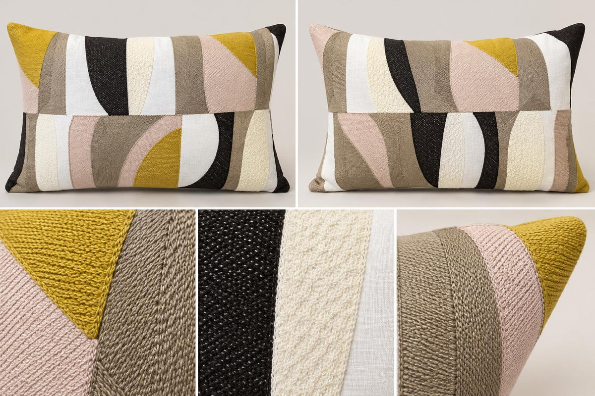 Raumstil Kissen mit Stickerei 40x60 cm - Elegantes Dekokissen in Natur, Taupe, Rose und Senf